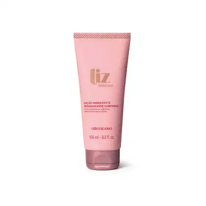 Frasco de loção hidratante corporal da marca Liz Sublime, com embalagem rosa claro e tampa rosa escuro, contendo 100 ml do produto.
