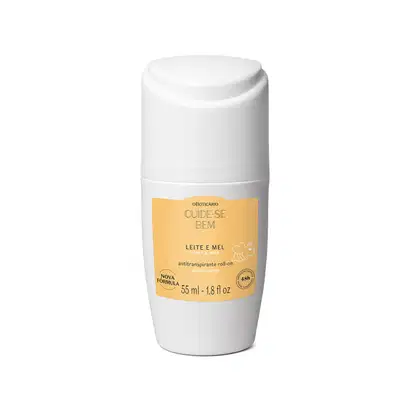 Frasco branco de 55ml de desodorante roll-on da marca Cuide-se bem Leite e Mel, com rótulo amarelo e texto indicando o aroma.