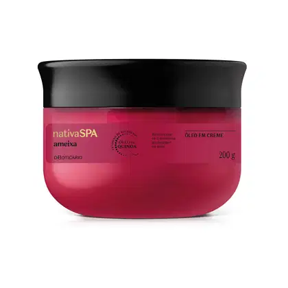 Pote rosa vibrante com tampa e letras pretas com rótulo da marca Nativa SPA Ameixa, contendo 200g de óleo em creme para o corpo com textura que se transforma ao aplicar na pele.