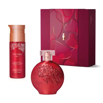 Kit de produtos Floratta Red, incluindo um frasco vermelho com tampa dourada de loção hidratante corporal e um desodorante colônia, em embalagem vermelha arredondada com detalhes florais em relevo, além de uma caixa vinho com detalhe dourado