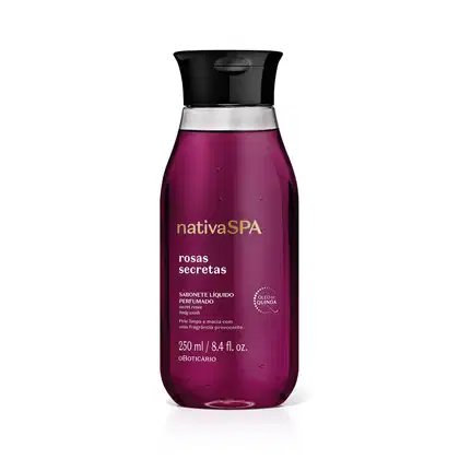 A imagem mostra um frasco de sabonete líquido perfumado Nativa SPA Rosas Secretas, na cor roxa, com tampa preta e rótulo dourado branco. O produto possui 250ml.