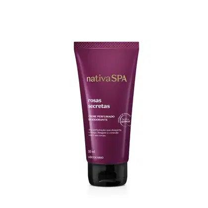 Bisnaga de creme perfumado desodorante corporal da linha Nativa SPA Rosas Secretas, na cor roxa com tampa preta, contendo texto com informações sobre o produto em branco na embalagem.