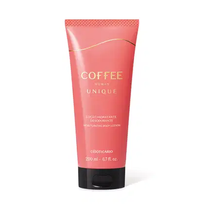 Imagem de uma bisnaga de loção hidratante desodorante corporal da linha Coffee Woman Unique, em embalagem rosa com tampa preta e detalhes dourados, como texto contendo informações sobre o produto e logo da marca.