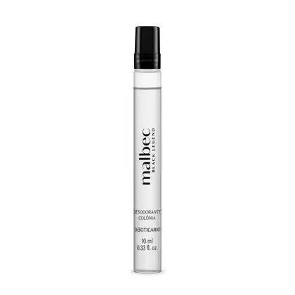 Imagem de frasco cilíndrico de vidro transparente com tampa preta, contendo desodorante colônia da marca Malbec Black Legend, com rótulo em letras pretas legíveis. A embalagem traz 10ml de produto da fragrância.