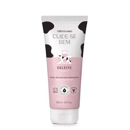 O produto apresentado é um creme hidratante corporal da marca Cuide-se Bem, com o nome "Deleite" impresso no rótulo. A embalagem é um tubo branco com detalhes em preto e rosa, com uma ilustração de uma vaca estilizada.
