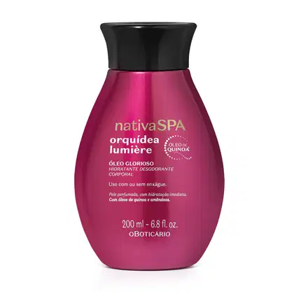 Frasco pink com tampa preta da linha Orquídea Lumière da marca Nativa SPA, contendo óleo glorioso hidratante desodorante corporal com óleo de quinoa.