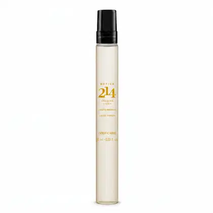 Frasco de perfume Botica 214 Arabian Oasis, com embalagem preta e branca. Rótulo com o nome da fragrância e da marca. Produto apresentado em formato de spray, com 10 ml de volume.