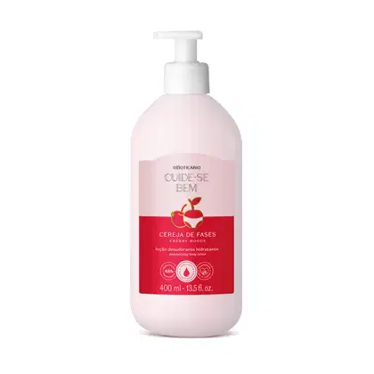 Imagem de um recipiente de plástico rosa com bomba doseadora, contendo loção hidratante corporal de cor rosa clara. Rótulo vermelho com texto "Cuide-se Bem" e "Cereja de Fases" em português.
