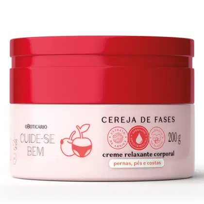 Imagem de creme relaxante corporal em embalagem vermelha redonda com rótulo rosa. Contém texto "Cereja de Fases" e informações sobre o produto, como "pernas, pés e costas". Produto de beleza da marca Cuide-se Bem.