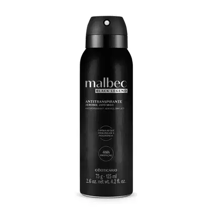Imagem de frasco cilíndrico do desodorante antitranspirante aerossol Malbec Black Legend.  A embalagem é toda preta com válvula spray e rótulo escrito em letras prateadas. O recipiente tem 75g/125ml de produto.