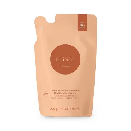 Imagem de um refil de creme hidratante desodorante corporal da marca Elysée, em embalagem de sachê com predomínio de tons de laranja e marrom, contendo informações sobre a fórmula e o volume do produto.