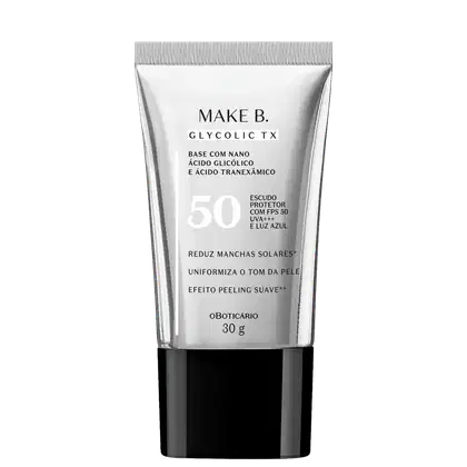 Tubo branco com rótulo da marca Make B. Glycolic TX, contendo protetor solar FPS 50 com luz azul. Informações sobre redução de manchas solares e efeito peeling suave.
