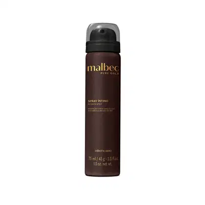 Imagem de um frasco de spray íntimo da marca Malbec Pure Gold na cor vinho, com rótulo em dourado contendo o nome da marca em destaque.
