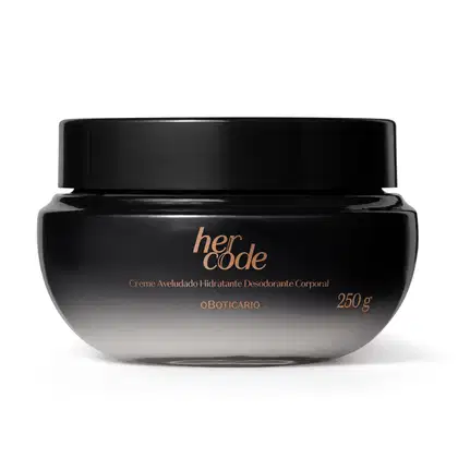 Pote com degradê de preto e branco e letras douradas contendo 250g de creme hidratante desodorante corporal da marca Her Code.
