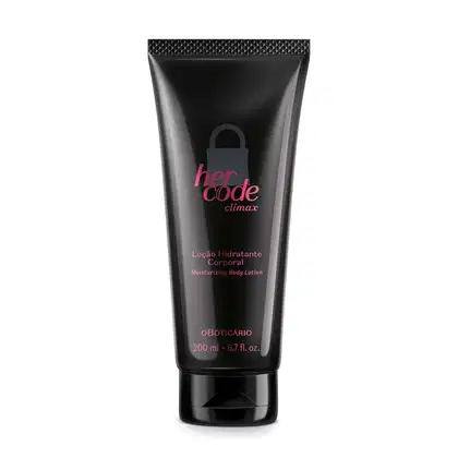Imagem do frasco preto de loção hidratante corporal da marca Her Code Climax, com rótulo em rosa metalizado destacando o nome da marca e o produto.