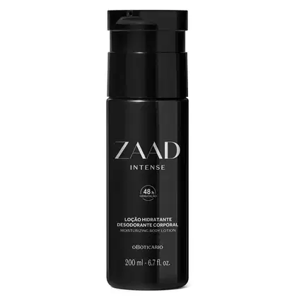 Imagem de um frasco preto de loção hidratante corporal da marca Zaad Intense, com rótulo visível em letras brancas.