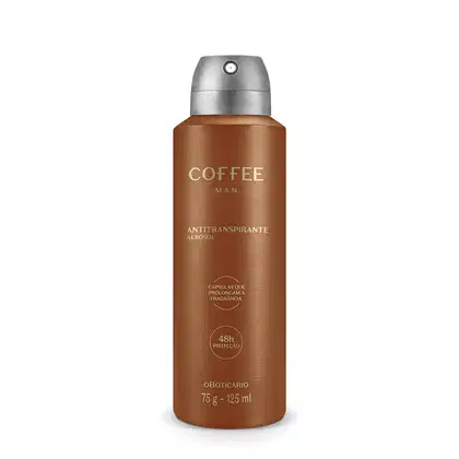 Imagem de um frasco de desodorante antitranspirante aerossol  da marca Coffee Man, com embalagem marrom, tampa prateada e rótulo dourado. O produto contém 125ml.