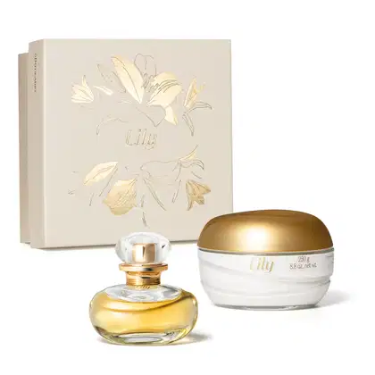 Imagem de uma caixa branca com ilustração dourada de lírios, contendo um frasco elegante com líquido dourado de Eau de Parfum Lily e um pote branco com tampa dourada de creme corporal da mesma marca.