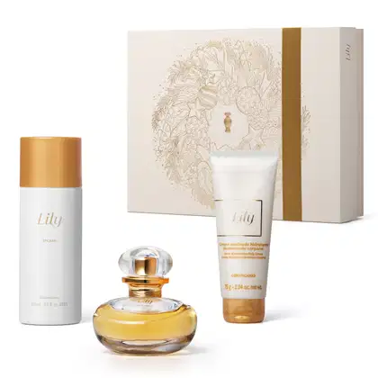 Imagem do Kit Presente Natal Lily com um vidro redondo com líquido bege de desodorante colônia, um frasco branco e dourado de body splash, uma bisnaga branca e dourada de creme hidratante corporal e uma caixa presenteável rosa-claro com estampa floral.