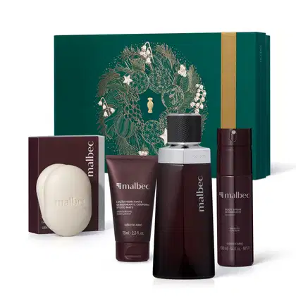 Conjunto de produtos de beleza da marca Malbec, incluindo sabonete, loção hidratante, desodorante corporal e embalagem decorativa em verde e dourado. Os produtos apresentam design elegante e sofisticado.