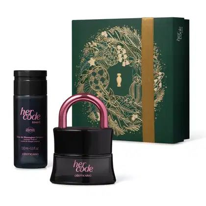 Imagem do Kit Presente Natal Her Code Touch com um vidro preto em formato de cadeado de desodorante colônia, um frasco preto de óleo de massagem corporal e uma caixa verde presenteável com estampa natalina.