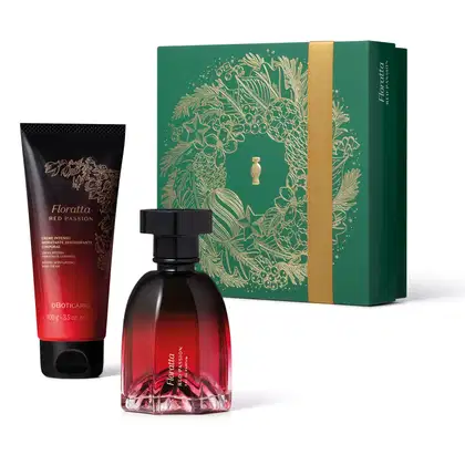 Imagem do Kit Presente Natal Foratta Red Passion com um vidro vinho e preto de desodorante colônia, frasco na mesma cor de creme hidratante corporal e uma caixa verde presenteável com estampa natalina.