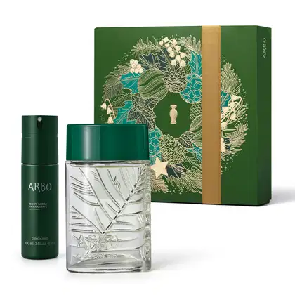 Imagem do Kit Presente Natal Arbo que traz um frasco de vidro transparente com tampa verde de desodorante colônia masculina, um frasco cilíndrico verde-escuro fosco de body spray e uma caixa presenteável verde com estampa natalina.