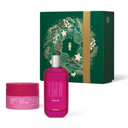Caixa verde com detalhes dourados contendo um frasco de perfume rosa e um pote de creme corporal rosa da marca Egeo, com rótulos indicando os produtos "Dolce" e "Egeo".