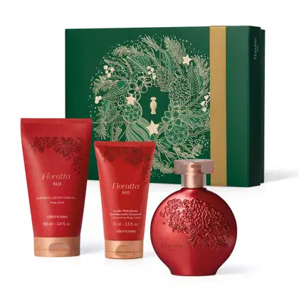 Imagem do Kit Presente Natal Floratta Red com vidro arredondado de desodorante colônia, dois frascos sendo um de sabonete líquido e outro de loção hidratante corporal e uma caixa verde com estampa natalina.