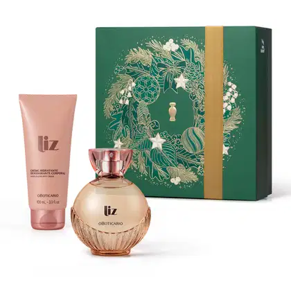 Imagem do Kit Presente Natal Liz com um vidro arredondado e líquido rosa de desodorante colônia, uma bisnaga em tons de rosa de creme hidratante corporal e uma caixa verde presenteável com estampa natalina.