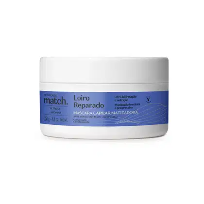 Imagem de um pote branco de máscara capilar matizadora da marca Match, com rótulo azul contendo o texto "Loiro Reparado" e informações sobre hidratação e nutrição.