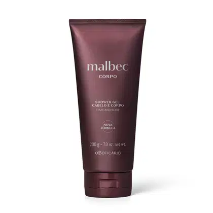 Imagem de um frasco de gel de banho e cabelo da marca Malbec, com embalagem na cor vinho e rótulo com texto em branco informando nova fórmula.