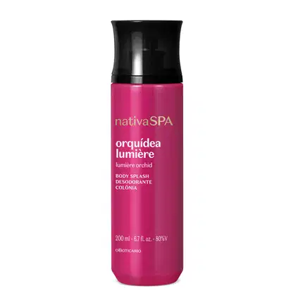 Frasco cilíndrico de item de perfumaria da marca Nativa SPA Orquídea Lumière, na cor rosa vibrante, com tampa preta e informações sobre o produto gravadas em branco na embalagem.