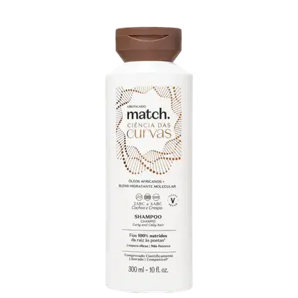 Frasco branco de shampoo da linha Match., com rótulo destacando a "Ciência das Curvas" e ingredientes à base de óleos africanos e blend hidratante molecular. Embalagem com tampa marrom e informações sobre o produto em português.