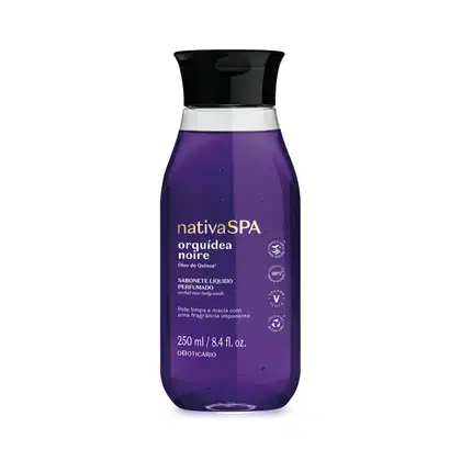 A imagem mostra um frasco de sabonete líquido perfumado Nativa SPA Orquídea Noire, na cor roxa, tampa preta e com rótulo destacando o nome e informações sobre o produto em letras douradas.