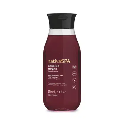 A imagem mostra um frasco de sabonete líquido Nativa SPA Ameixa Negra, na cor vinho, com rótulo e informações em dourado. O produto possui tampa preta e embalagem de 250ml.