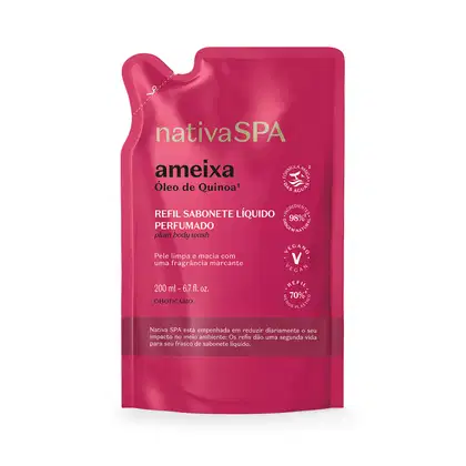 Imagem de refil de 200ml contendo sabonete líquido perfumado da marca Nativa SPA Ameixa, em embalagem de sachê flexível de cor rosa vibrante, com texto destacado em letras amarelas, pretas e brancas.