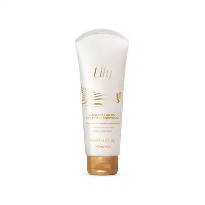 Imagem de embalagem branca e dourada de sabonete líquido corporal com rótulo escrito "Lily". A bisnaga possui tampa dourada e traz 100ml do produto.