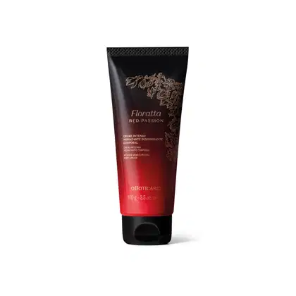 Imagem de uma bisnaga com degradê de preto e vermelho, tampa preta e rótulo dourado contendo 100g de creme intenso hidratante corporal da marca Floratta Red Passion.