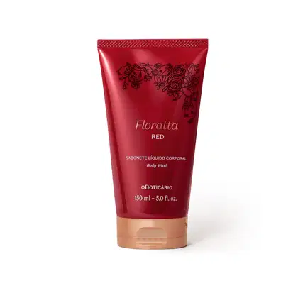 Sabonete líquido corporal Floratta Red em embalagem vermelha com detalhes florais pretos, contendo 150 ml do produto.