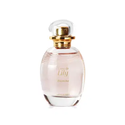 Frasco de vidro transparente em formato oval com líquido rosa e tampa dourada contendo desodorante colônia da marca L'eau de Lily Blanche, com rótulo em letras douradas.