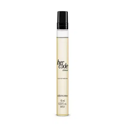 Frasco de perfume Her Code Climax, com 10 ml de conteúdo, embalagem preta e branca, com rótulo destacando o nome da marca e a descrição "Eau de Parfum".