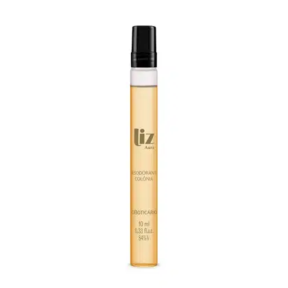 Frasco cilíndrico transparente com líquido amarelado e tampa preta contendo 10ml de desodorante colônia da marca Novo Liz.