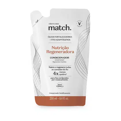Embalagem de condicionador da marca Match, com 250 ml, em design minimalista em tons de branco e cinza, destacando informações sobre a fórmula regeneradora e resistência aos fios.