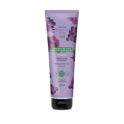 Imagem de um frasco de shampoo da marca Cuide-se Bem Feira Cachos de Uva, com embalagem roxa com ilustrações de cachos de uva roxas e tampa preta. A embalagem traz 270ml do produto.