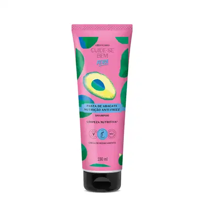 Imagem de uma bisnaga roxa com imagem de abacate e tampa preta contendo 230ml de shampoo da marca Cuide-se Bem Pasta de Abacate.