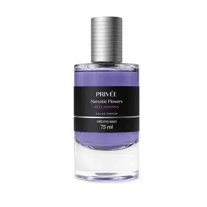 Frasco transparente com líquido azul de Eau de Parfum Privée Narcotic Flowers Belladonna, com rótulo preto e letras branca, contendo 75ml da fragrância.