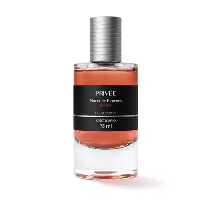 Frasco transparente de 75ml de Eau de Parfum Privée Narcotic Flowers Poppy , com formato cilíndrico e tampa prateada, contendo líquido de cor laranja. Rótulo preto com informações sobre o produto.