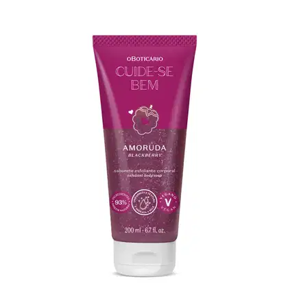 Frasco roxo com ilustração de amora e tampa roxa contendo 200ml de loção hidratante corporal da marca Cuide-se Bem Amoruda.