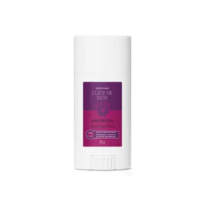 Embalagem branca do bastão anti atrito da marca Cuide-se Bem Amoruda, com rótulo roxo contendo o nome da marca e amoras ilustradas. O frasco contém 35g do produto.
